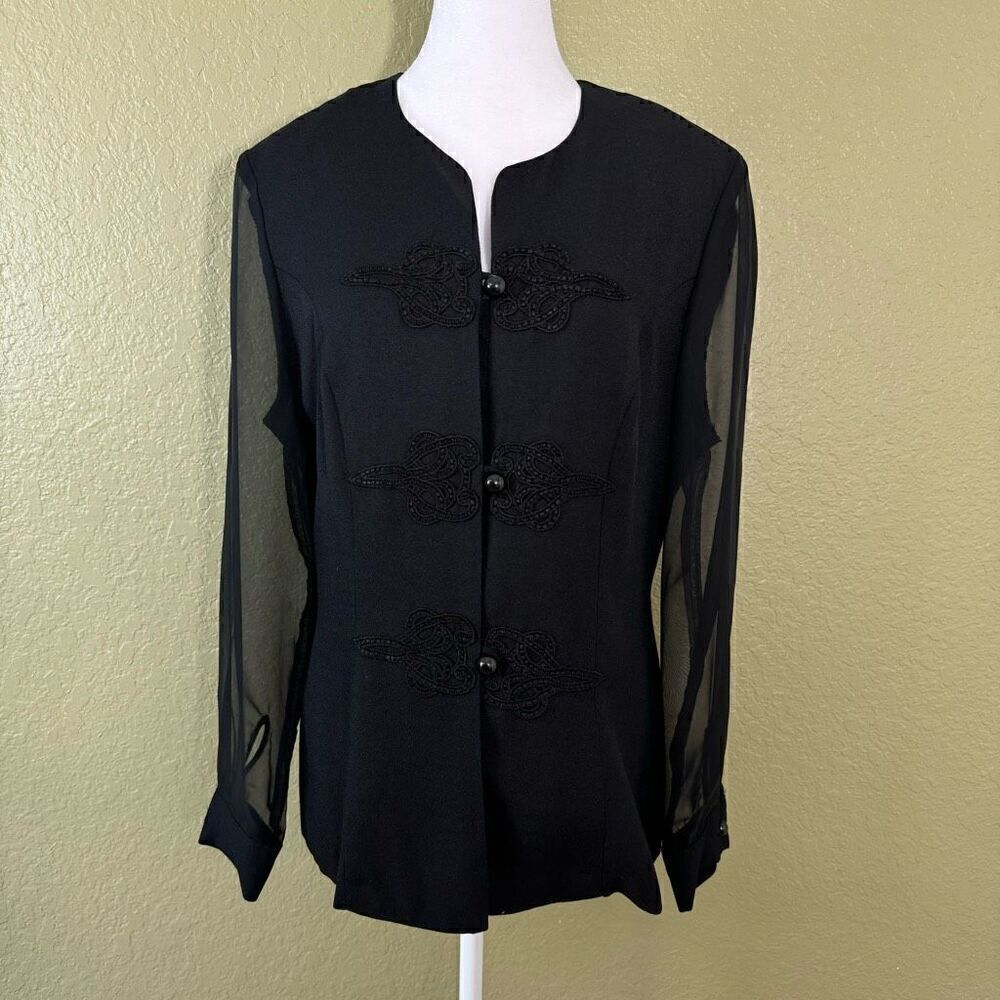 Vintage Women's 10 Embroidered Button Blouse Black Sheer Sleeves Goth Victorian